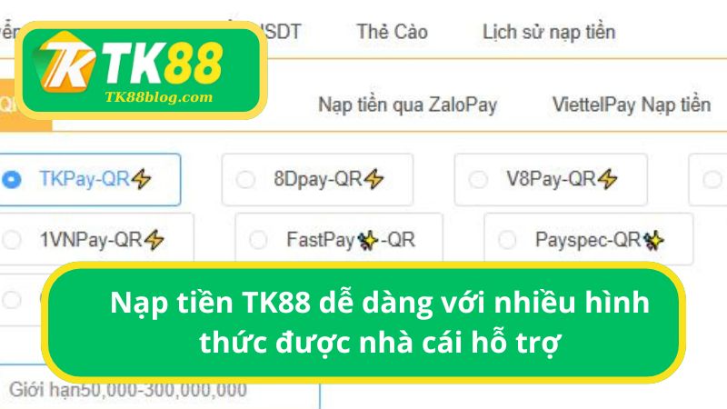 Nhiều phương thức nạp tiền TK88 được nhà cái hỗ trợ cho thành viên