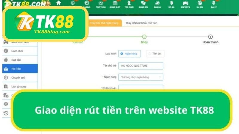 Giao diện rút tiền trên website TK88